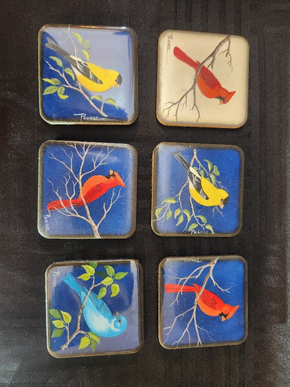 Dorothy Benning Prange Hand Painted Bird Tile Coaster Set Illinois Folk Art